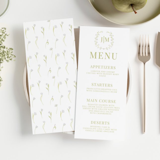Elegante menú de bodas de jardín floral verde oliv (Subido por el creador)