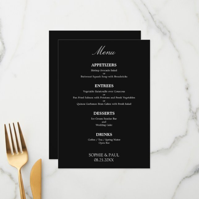 Elegante menú de bodas en blanco negro (Anverso/Reverso In Situ)