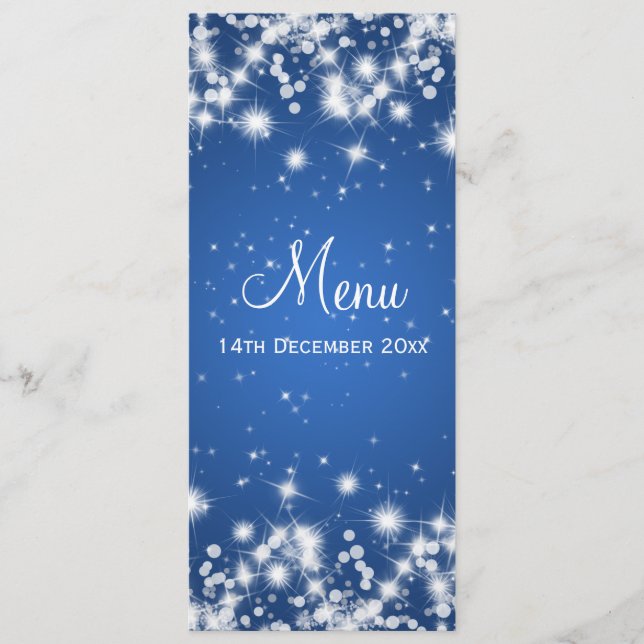 Elegante Menú de Bodas Invierno Sparkle Blue (Anverso)