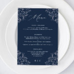 Elegante menú de Bodas Vintage Blue de la Marina<br><div class="desc">Elegante menú Boda azul marino: Este menú boda de lujo es perfecto para un elegante boda azul marino clásico. Cuenta con una antigua frontera ornamental con caligrafía moderna y elegante. Vea todos los productos de boda azul oscuro que coinciden a continuación.</div>