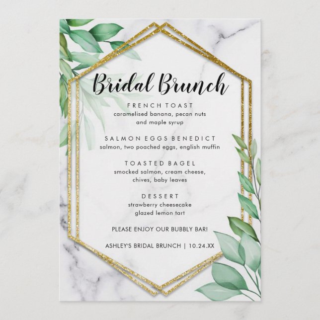 Elegante menú de Brunch Eucalyptus Marble Bridal B (Anverso)