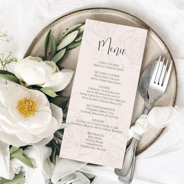 Elegante menú de caligrafía de vegetación floral d (Elegant blush floral menu card with simple calligraphy and simple block-style letterings. )