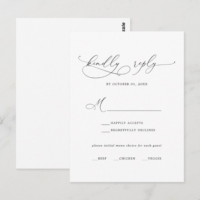Elegante menú de caligrafía negra Tarjeta RSVP de  (Anverso / Reverso)