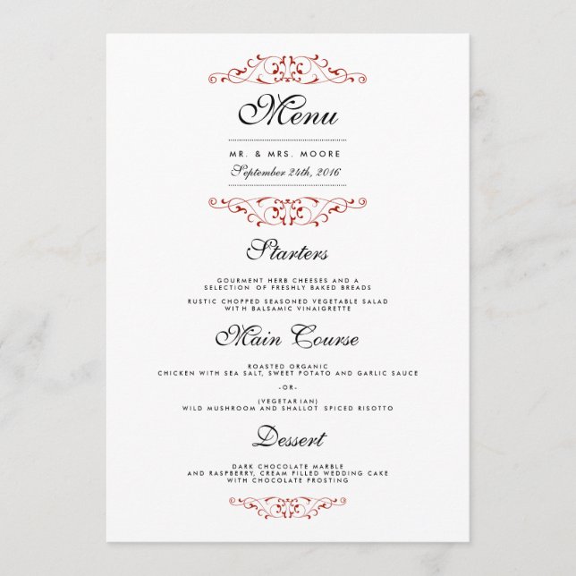 Elegante menú de cena Boda con flores rojas (Anverso)