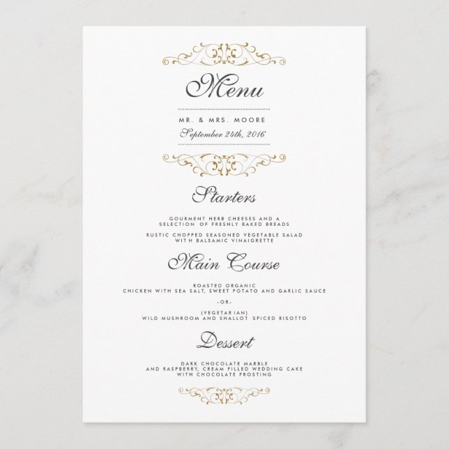 Elegante menú de cena Boda con sabor a oro (Anverso)