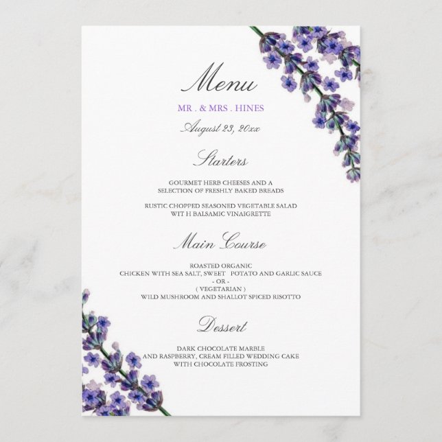 Elegante menú de cena Boda Lavender (Anverso)