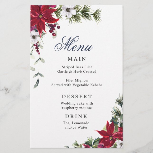 Elegante menú de cena de Boda de Invierno de Poins (Anverso)
