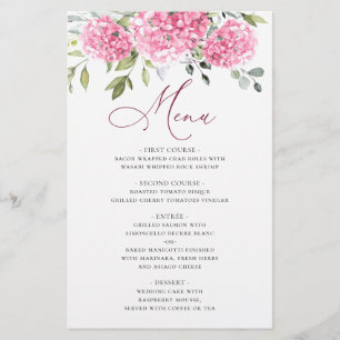 Elegante menú de cena de Boda floral de Hydrangea