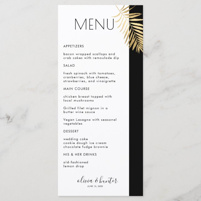 Elegante menú de cena de hojas de oro en blanco y  (Anverso)