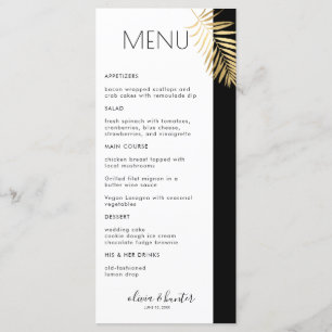 Elegante menú de cena de hojas de oro en blanco y