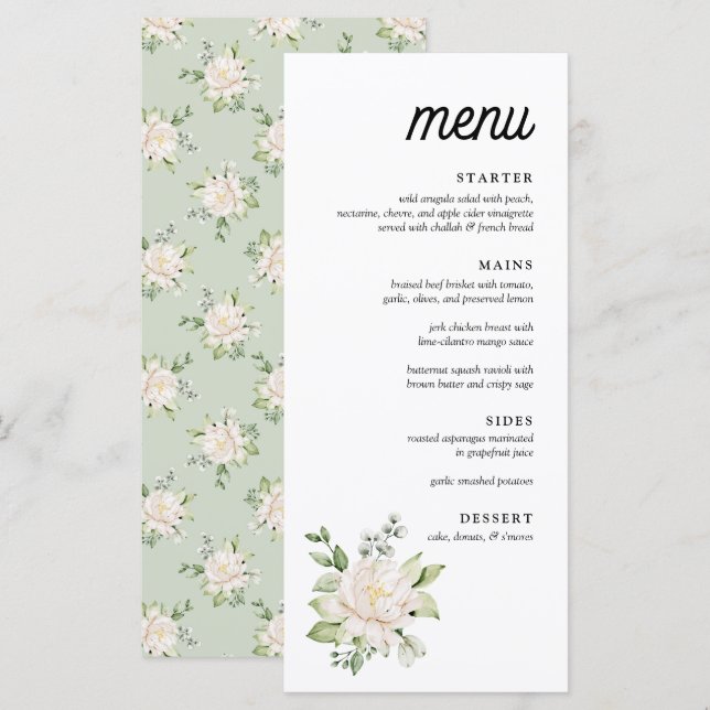 Elegante menú de cena de peones con flores verdes  (Anverso / Reverso)