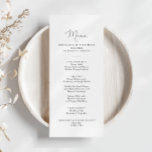 Elegante menú de cena simple de caligrafía<br><div class="desc">Esta carta elegante y sencilla de caligrafía es perfecta para un boda rústico. El diseño, sencillo y elegante, presenta una tipografía de escritura clásica y elegante en blanco y negro. Este menú se puede utilizar para la recepción de bodas, la cena de ensayo, la ducha de novia o cualquier otro...</div>