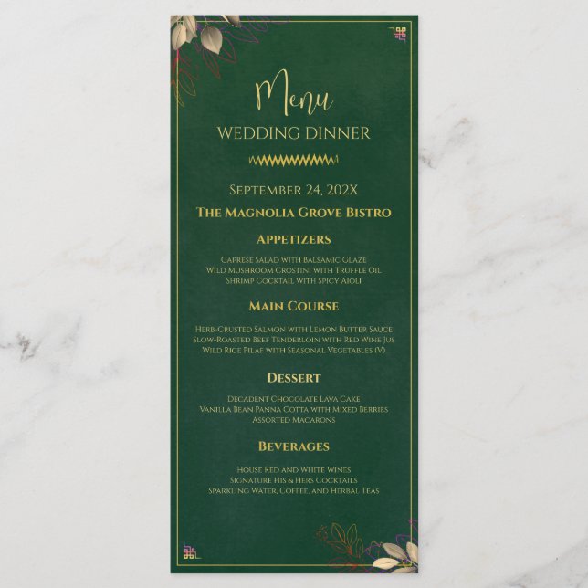 Elegante menú de cena verde esmeralda y Boda de or (Anverso)