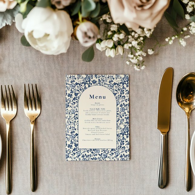 Elegante menú de estilo botánico azul y crema arco (Elegant deep blue delftware style botanical menu, classic and timeless celebration frame.)