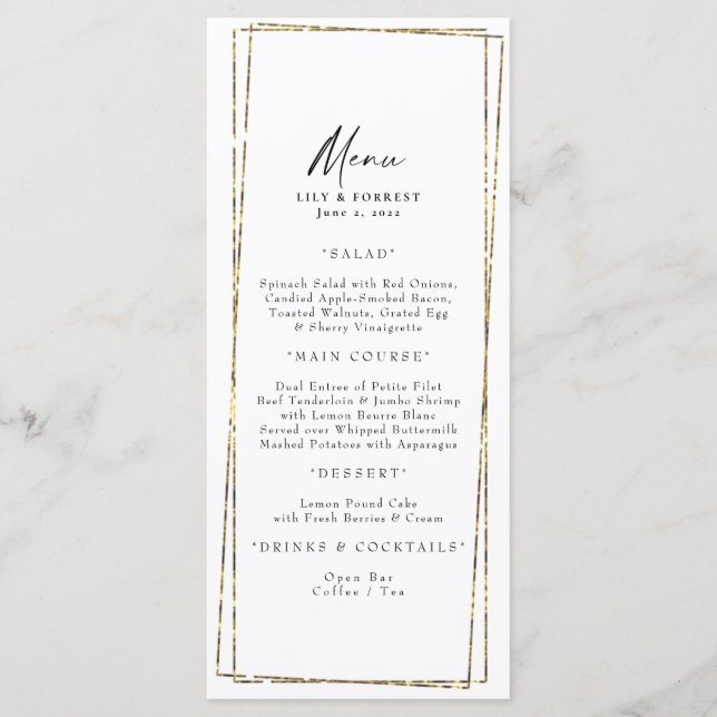 Elegante menú de marco geométrico dorado y tostada (Anverso)