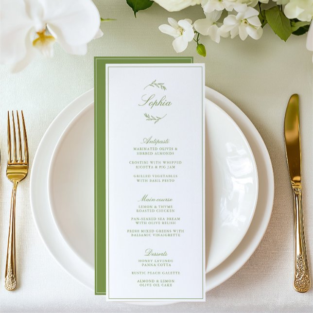 Elegante Menú de nombre de invitado de bodas en el (Elegant Sage Green Garden Wedding Guest Name Menu)