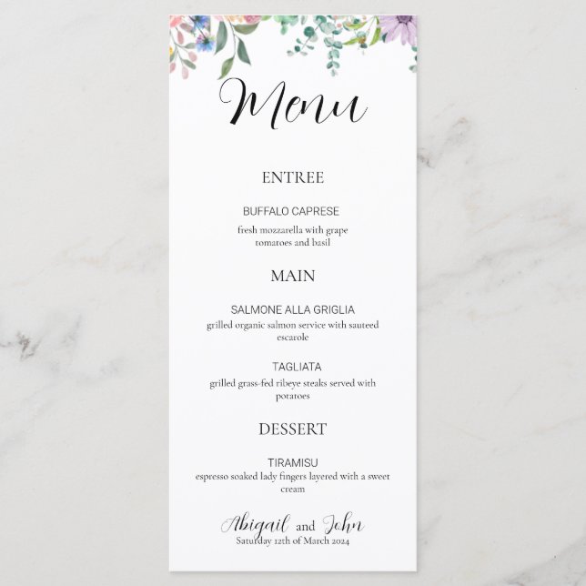 Elegante menú de recepción de boda de flores silve (Anverso)