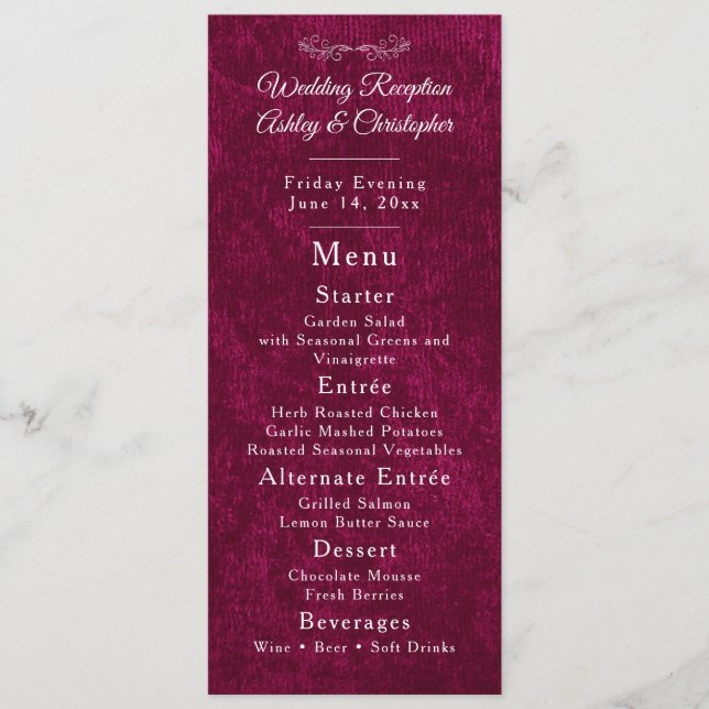 Elegante menú de recepción de boda de terciopelo b (Anverso)