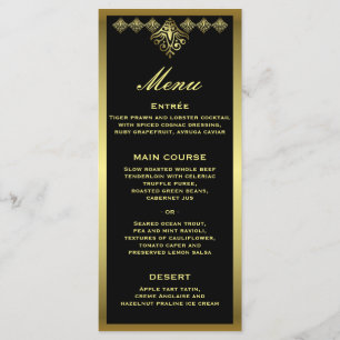 Elegante menú de recepción de Bodas Negras y Oro