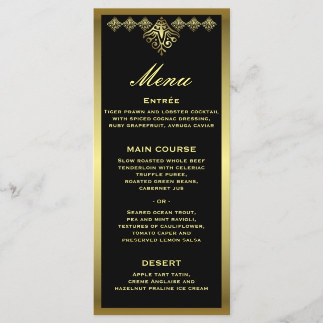 Elegante menú de recepción de Bodas Negras y Oro (Anverso)