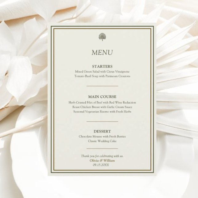 Elegante menú de recepción de marfil y oro 5x7 (Elegant wedding menu card with classic gold border for modern and timeless reception design.)