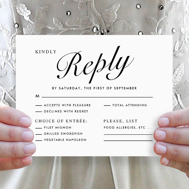 Elegante menú de respuesta RSVP con letra moderna  (Elegant Modern Script Black White Menu Choice RSVP Wedding Card)