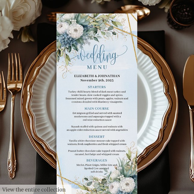 Elegante menú degustación azul Eucalyptus Floral B (Elegant Dusty Blue Eucalyptus Floral Wedding Menu)