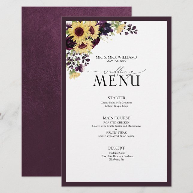 Elegante menú del Boda del girasol púrpura de ciru (Anverso / Reverso)