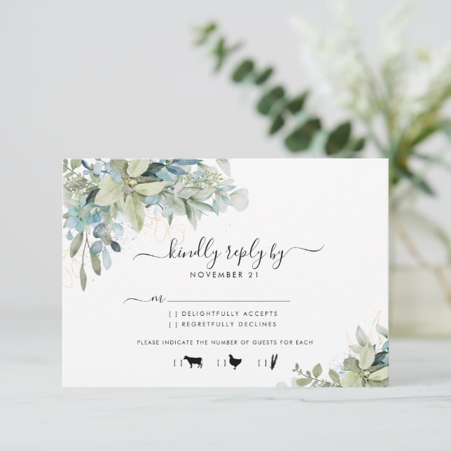 Elegante menú del Boda Eucalyptus Greenery RSVP (Anverso de pie)