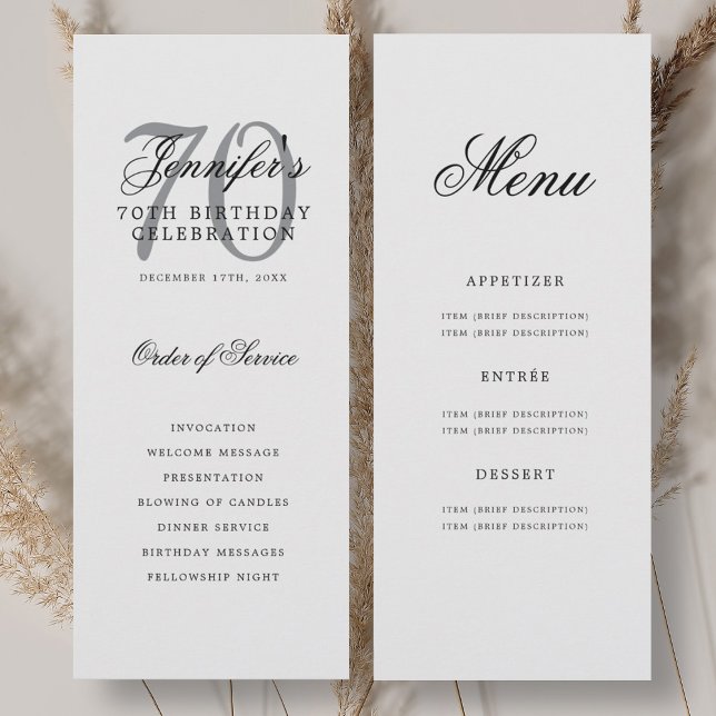Elegante menú del programa 70th Birthday Silver (Elegant Silver 70th Birthday Program Menu)