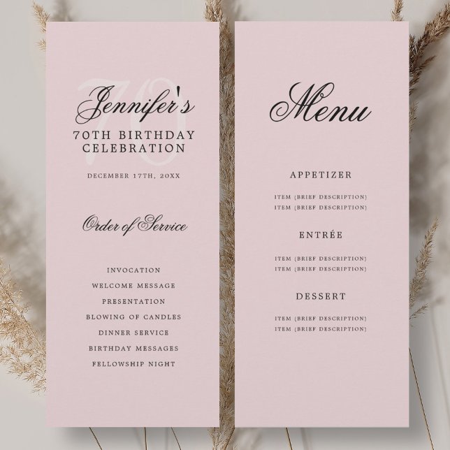 Elegante menú del programa de fiestas de cumpleaño (Elegant 70th Birthday Party Program Menu Blush )
