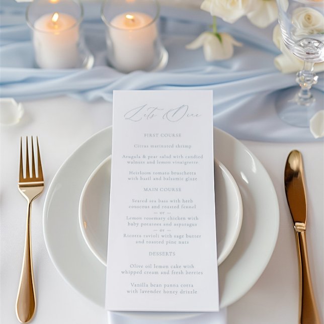 Elegante menú Dusty Blue & White Boda (Elegant Dusty Blue & White Wedding Menu)