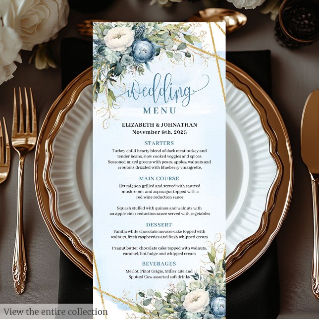 Elegante menú Dusty Blue White Gold Floral Boda (Elegant Dusty Blue Peonies Gold Frame Wedding Menu

)