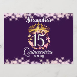 Elegante menú español de quinceañera morada y dora