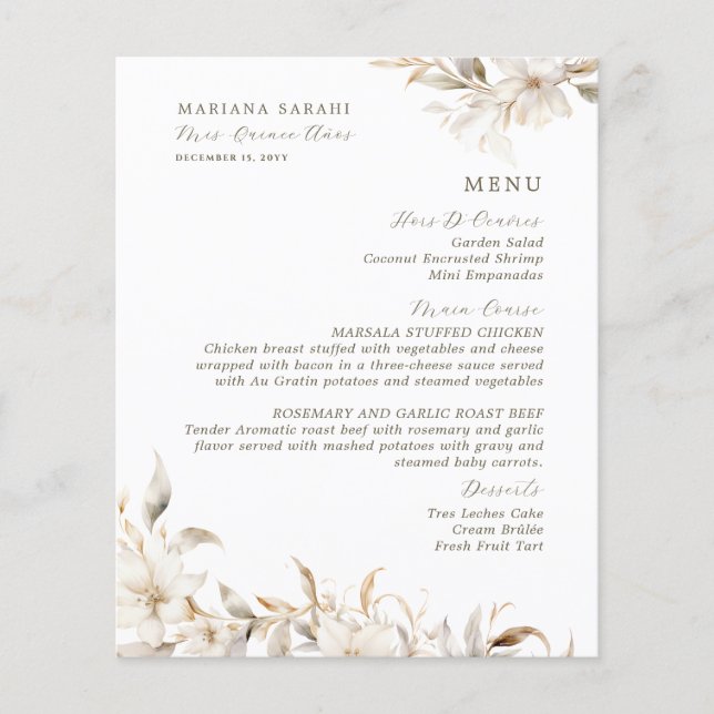 Elegante menú Floral blanca Quinceanera de bebidas (Anverso)