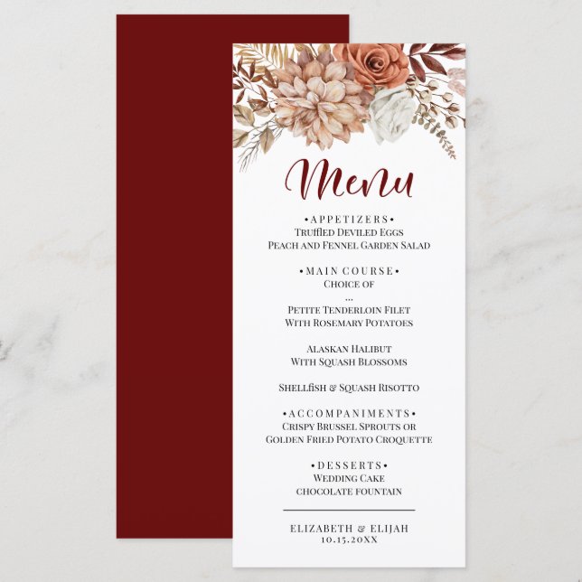 Elegante menú floral borgoñona otoñal Boda plano (Anverso / Reverso)