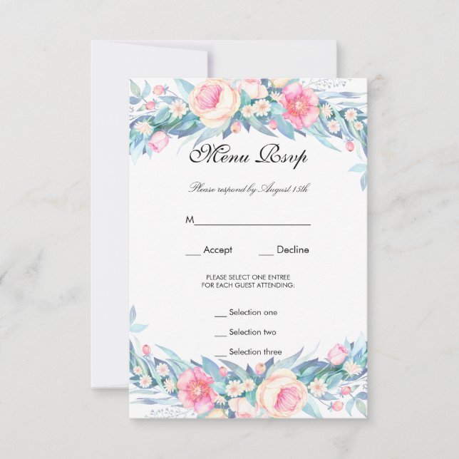 Elegante menú floral de acuarela RSVP (Anverso)
