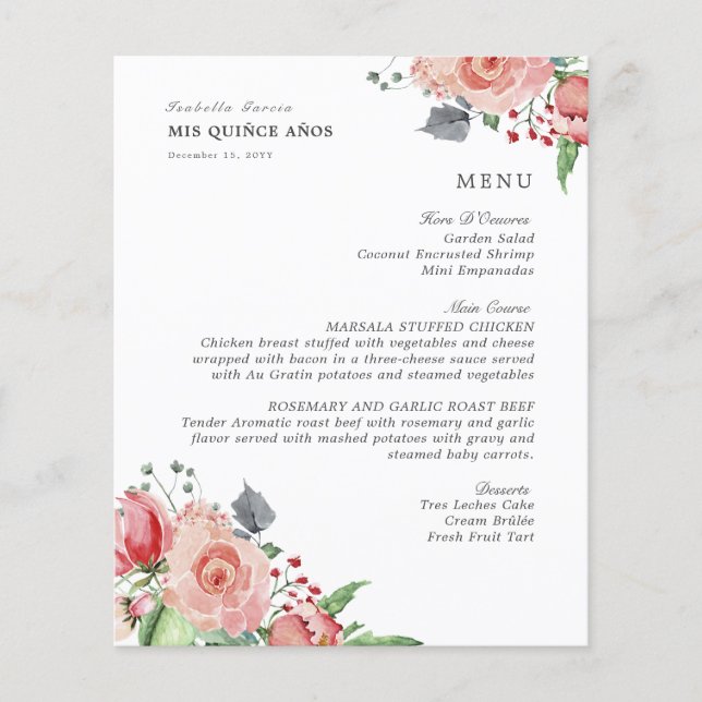 Elegante menú Floral rosa Quinceanera para bebidas (Anverso)