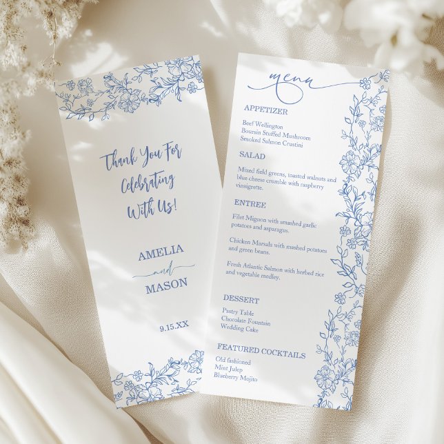 Elegante menú francés de bodas azules de la época (Blue French Floral Delicate Whimsical Wedding Menu )