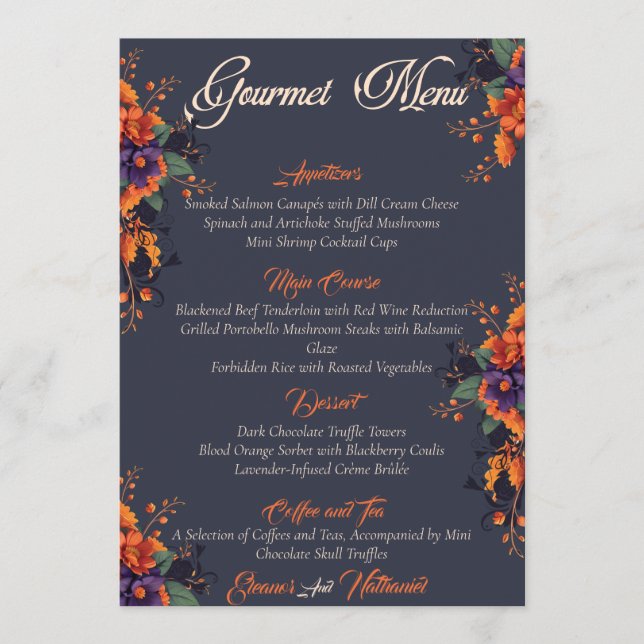 Elegante menú gourmet gótico 3D Floral Skull (Anverso)