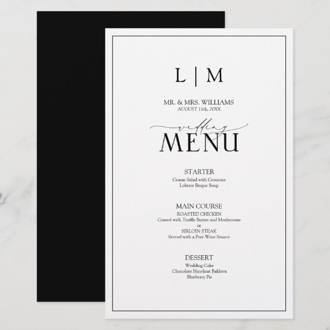 Elegante menú Monograma de caligrafía blanca y neg (Anverso / Reverso)