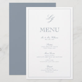 Elegante menú Monograma Dusty Blue Script Boda