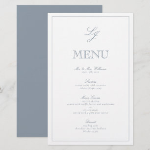 Elegante menú Monograma Dusty Blue Script Boda