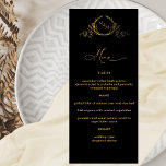 Elegante menú monogramado negro y Boda dorado<br><div class="desc">Elegante boda negro y Relieve metalizado de oro falso de la cena Carta del menú con exquisito monograma dibujado a mano y detalles de caligrafía en falso Relieve metalizado de oro. Diseño con color de fondo negro y texto de menú en tonos dorados. El color de fondo negro se puede...</div>