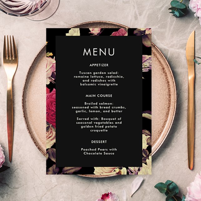 Elegante menú Moody Floral Boda (Elegant and stylish botanical wedding menu includes a beautiful black floral back of the card.)