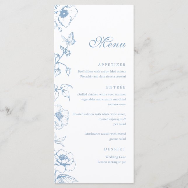 Elegante menú plano de boda floral azul polvorient (Anverso)