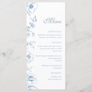 Elegante menú plano de boda floral azul polvorient