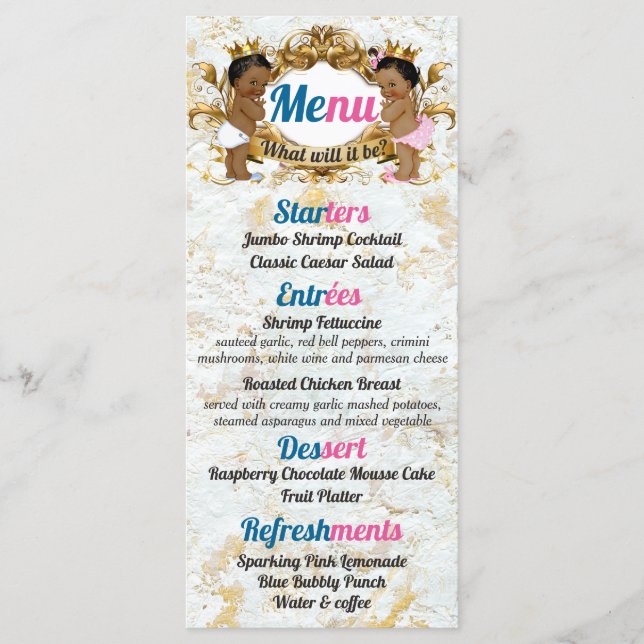 Elegante menú rosa|azul africano de género revelad (Anverso)