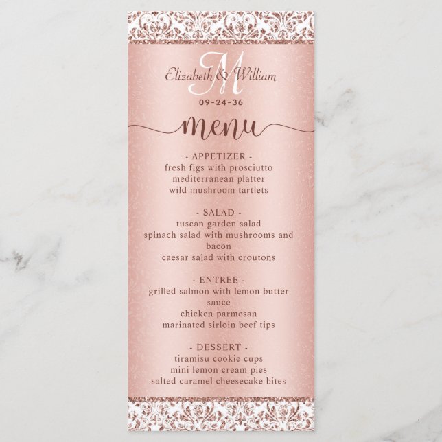 Elegante menú Rosa de Boda de damasco dorado monog (Anverso)