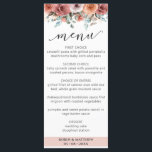 Elegante menú Rosa dorado Boda floral<br><div class="desc">Deléitese con esta exquisita tarjeta de menú. Diseño único de moda con el borde de color de agua pintado a mano con flores y follaje en rosa ruidoso, café latte, melocotón, marfil, polvorientos tonos azules y sabios. En la parte posterior del exquisito ramo floral con zona central con su nombre...</div>